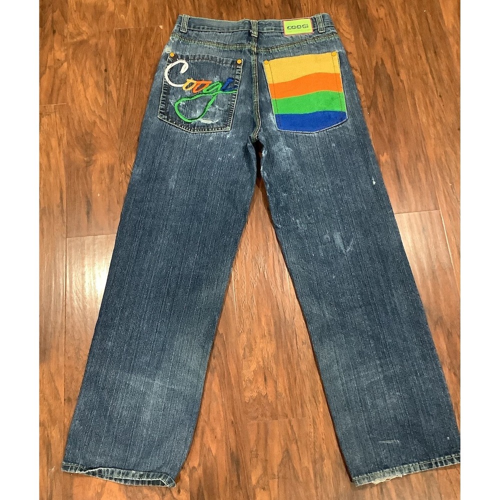 Coogi Y2K Vintage Baggy Embroidered Distressed Jeans Mens Multi Color Logo 32x34